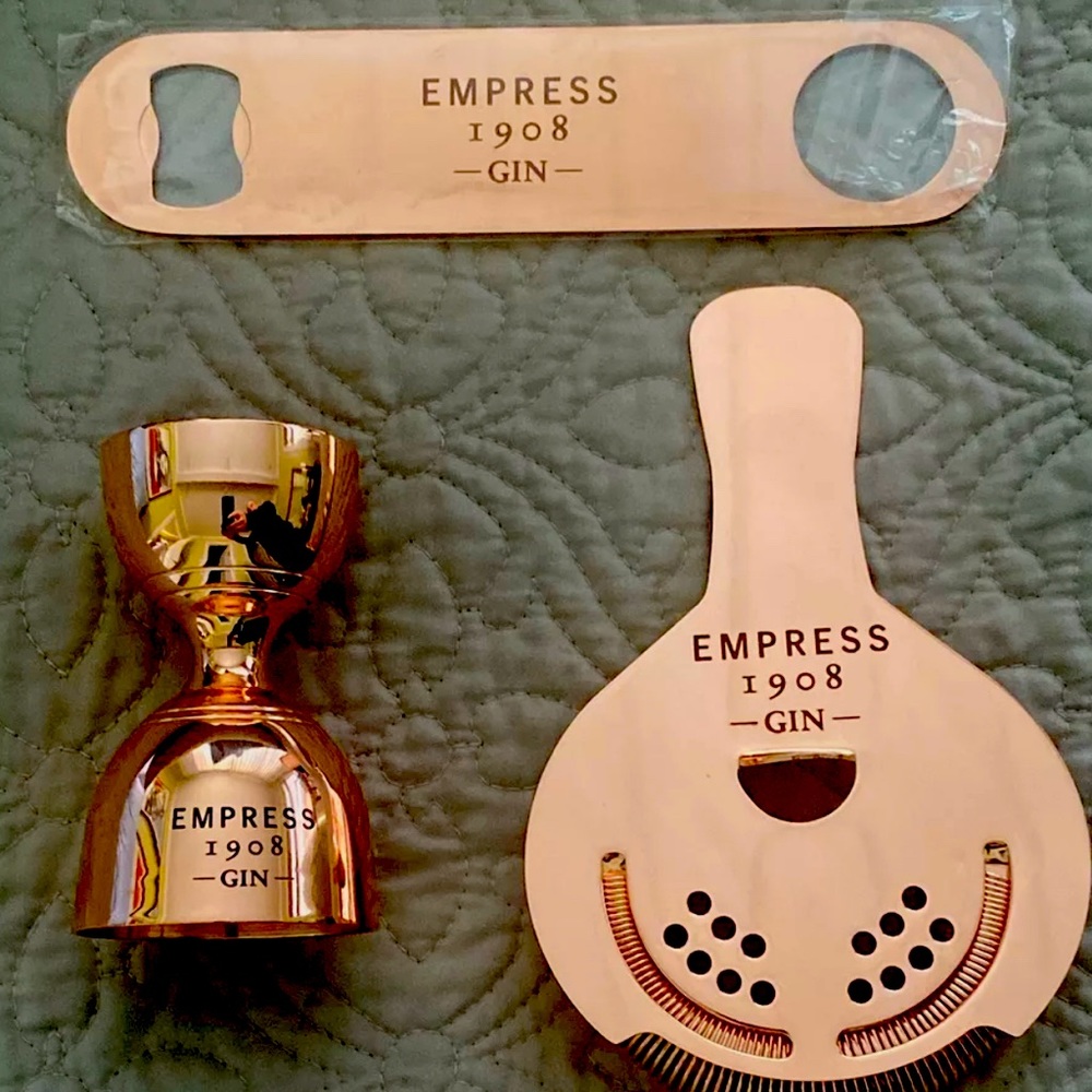 Copper color Cocktail Set, Jigger, Bottle Opener & a 4 Prong Stainer Bartender